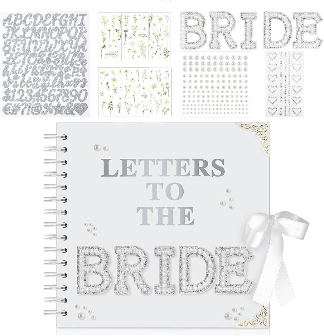 HOETEK 8 x 8 Inch Letters to The Bride Scrapbook, Wedding Memory Book, Bridal DIY Blank Paper Scrapbook, Photo Album Guest Book Sign with Pearl&Flower Stickers, Metallic Letters, Gems Bows