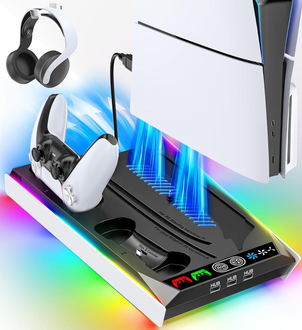 PS5/Slim/Pro Stand for Disc & Digital Console, PS 5 Cooling & Charging Station with 9 RGB Lighting Modes, PS 5 Controller Charger Built-in 3 Level Fan, PS5/Slim/Pro Accessories with 3 USB Ports (Black & White)