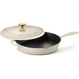 Tramontina Bestow Enameled Cast Iron Skillet with Lid, 12-inch Frying Pan, Latte with Gold Knob