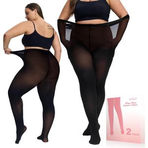 UISLII Plus Size Tights for Women,2 pairs 80D Semi Opaque Tights women,Solid Color Soft High Waist Stockings Size Up to 6XL. (Black, X-Large-XX-Large)