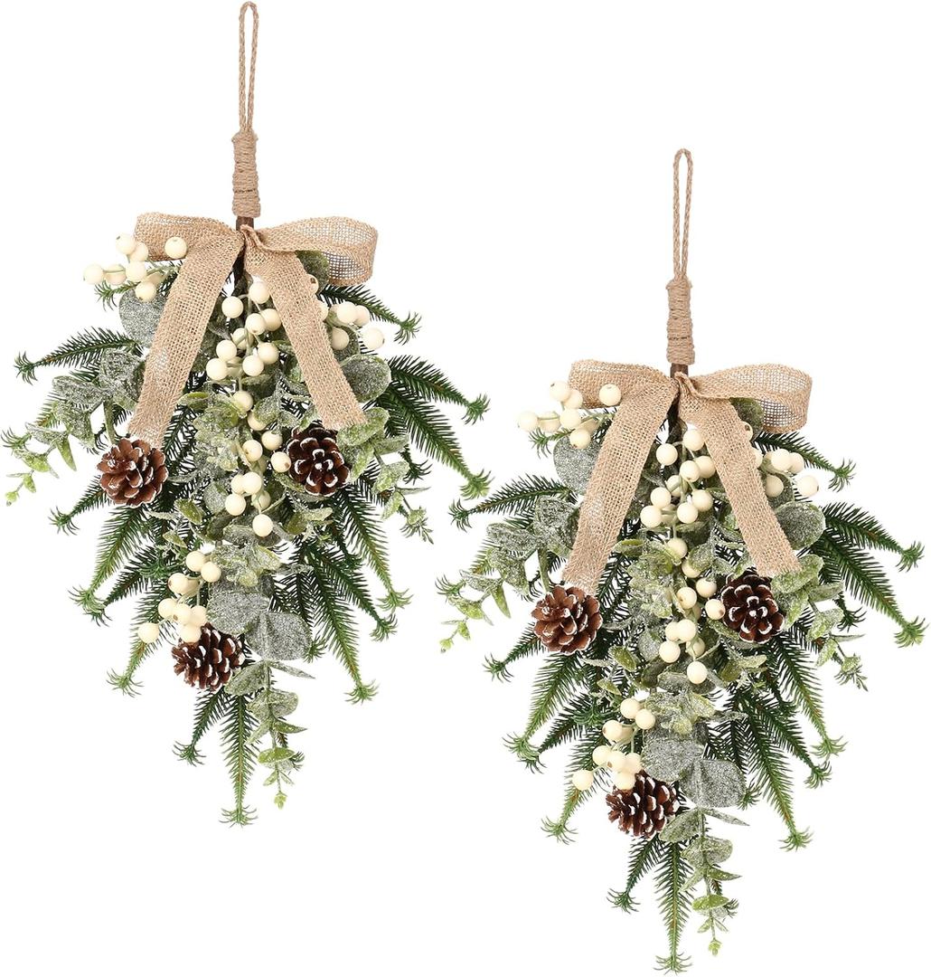 SY Super Bang 2PCS Christmas Decorations, 19Inch Artificial White Berry Front Door/Fireplace Hanging Decorations Include Linen Bow Green Plant, for Home Holiday Wall Party Xmas Decor.