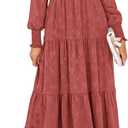 PRETTYGARDEN Women's Fall Spring Midi Dress Long Sleeve Floral Smocked Elegant Wedding Guest Long Flowy Dresses with Pockets (Large, Bean Paste Red)