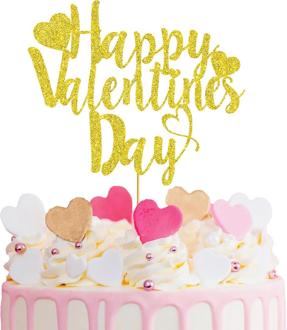 Happy Valentines Day Cake Topper: Glitter Gold Valentines Cake Topper for Valentine Day Cake Decorations