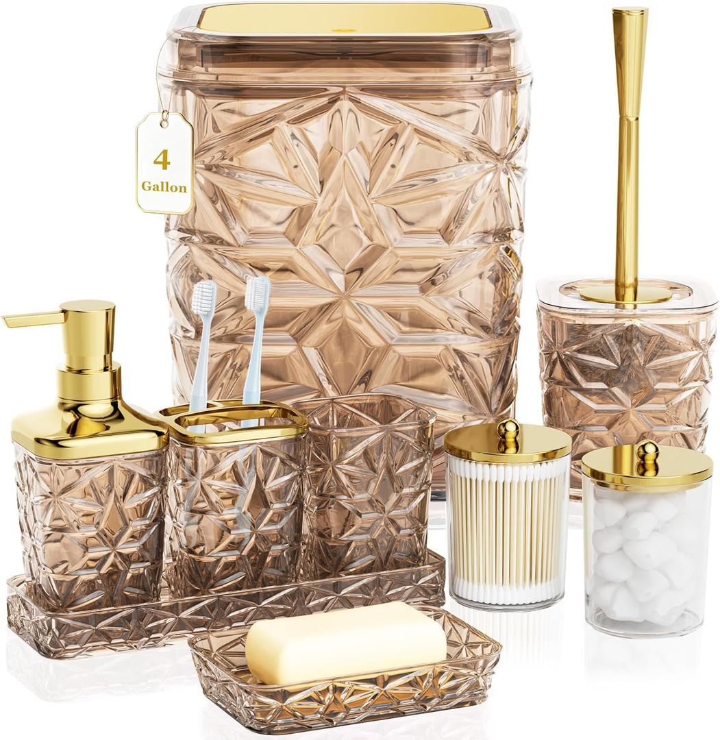 Bathroom Accessory Set, 9-Piece Brown Bathroom Set with Trash Can, Toilet Brush,Soap Dispenser, Soap Dish, Toothbrush Holder, Tumbler, Q-tip Holders,Tray,for Hotel/Apartment/Housewarming