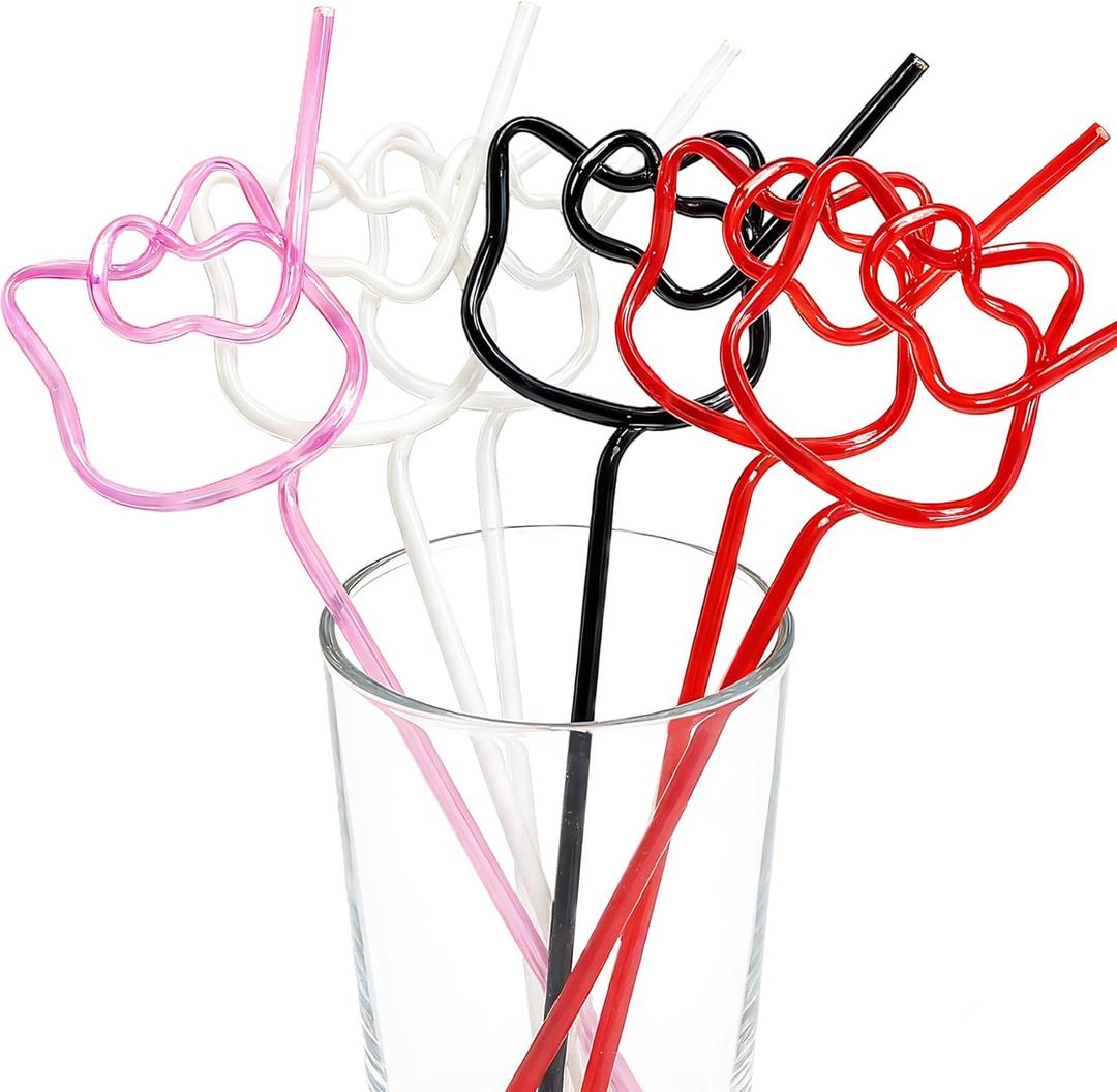 12 Kitty-Cat-Birthday-Party-Supplies-Decorations-Reusable-Silly-Crazy-Straws -for-Kids-Cute Red Pink Hello Cat Party Plastic Drinking Straws for Party Favor Decor Goodie Bags Stuffers