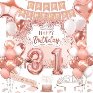 31st Birthday Decorations for Women, 52pcs Sweet Rose Gold Happy 31 Birthday Decorations Including 31st Rose Gold Crown, Sash, Banner, Background for 31 Party Decorations Set