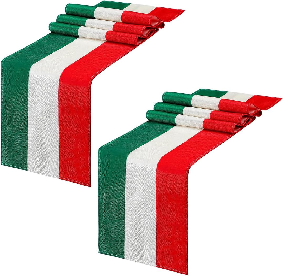 Kingdder 2 Pcs Italy Table Runner Italian Themed Party Decoration 13" x 72" Linen Red Green and White Striped Table Runner for Home Kitchen Dining Room Dinner Home Decor