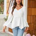 Angashion Women Tops Long Sleeve V Neck Peplum Blouse Dressy Casual Flowy Ruffle Babydoll Shirts (White)