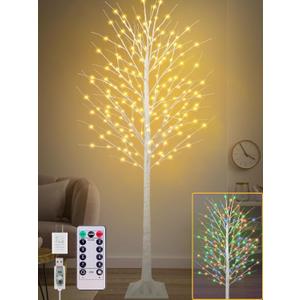 8FT Lighted Birch Tree with 210 LEDs Warm White and Multicolor Lights, 8 Functions Remote Faux Light Up Twig Christmas Tree with Lights for Indoor Outdoor Xmas Holiday Party Decoration