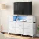 DUMOS LED Entertainment Center with Charging Station, TV Stand Dresser with 8 Fabric Drawers and Open Shelves, Wood Top Media Console for 45-55 inch, Bedroom, White, 11.8"D x 47.2"W x 31.5"H