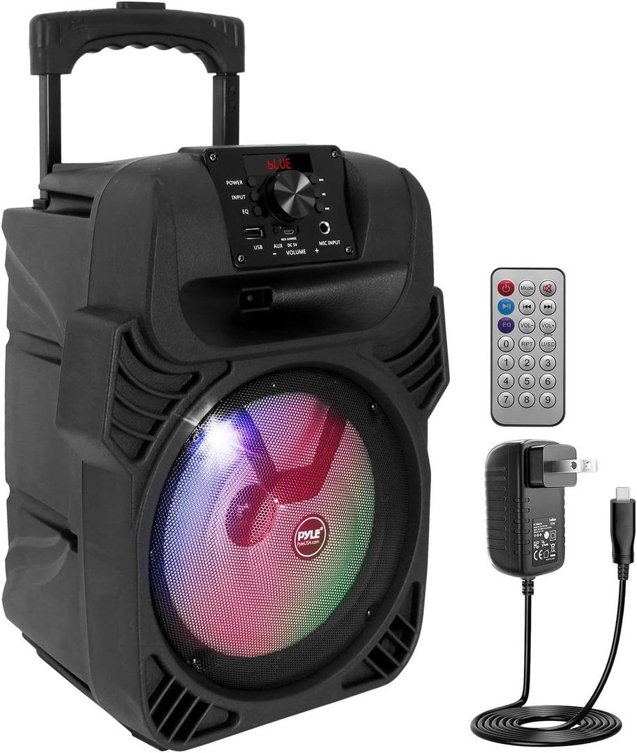 Pyle 400W Portable Bluetooth PA Loudspeaker - 8 Subwoofer System, 4 Ohm/55-20kHz, USB/MP3/FM Radio/  Mic Inputs, Multi-Color LED Lights, Built-in Rechargeable Battery w/ Remote Control -PPHP844B