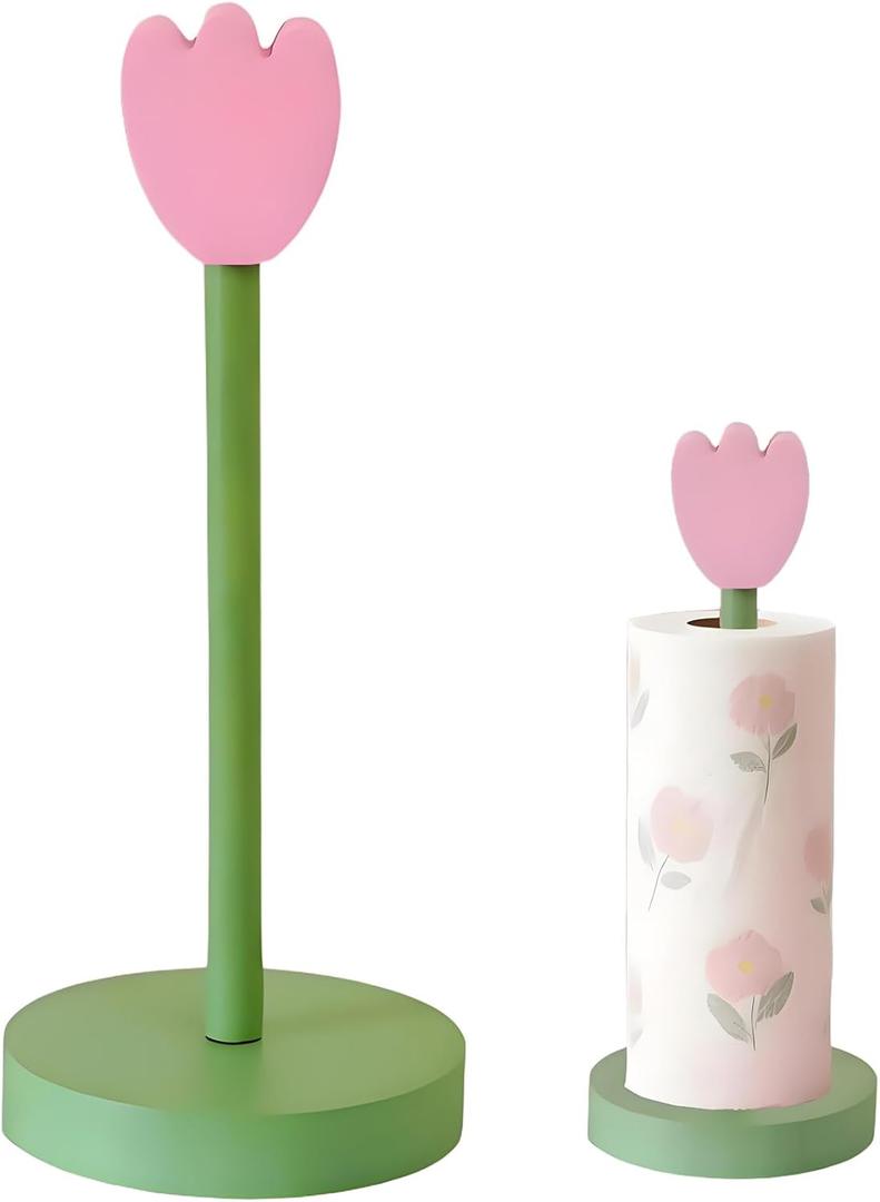 Paper Towel Holder Countertop, Cute Decorative Wooden Standing Paper Towel Roll Holder for Kitchen Bathroom, Bars & Dining Tables (Pink Flowers)