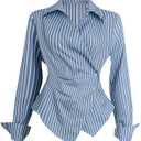 GORGLITTER Women's Striped Wrap Button Up Shirt Tops Long Sleeve Collar Work Office Blouse (Large, Blue)