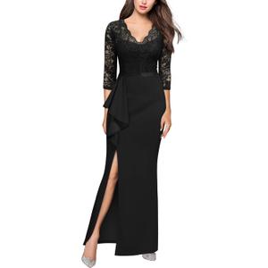 MISSMAY Women's Vintage Floral Lace Ruffle Half Sleeve Evening Party Formal Long Dress (Medium, Black)