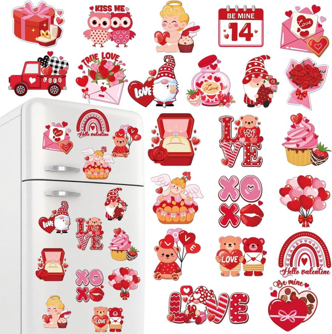 Dazoratix Valentine Magnets for Fridge - 22 PCs Valentine's Day Refrigerator Decorations Cute Gnome Heart Bear Love Red Pink Magnetic Stickers Garage Car Door Accessories Office Kitchen Gift for Women