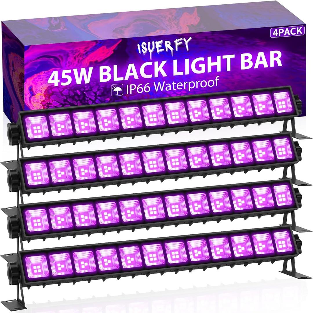 4 Pack 45W Black Light Bar IP66 Waterproof with 6ft Cord+Switch, Each Light Up 25x25ft Area, LED Outdoor Blacklight Flood Light for Glow Party Body Paint Fluorescent Poster Classroom Bedroom Halloween