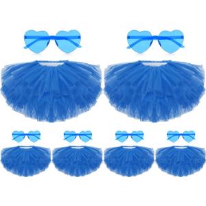 6 Set Tutu Skirt and Heart Shaped Sunglasses Tulle Ballet 5 Layered Tutus for Women 80s Party Dance Costume (Blue)