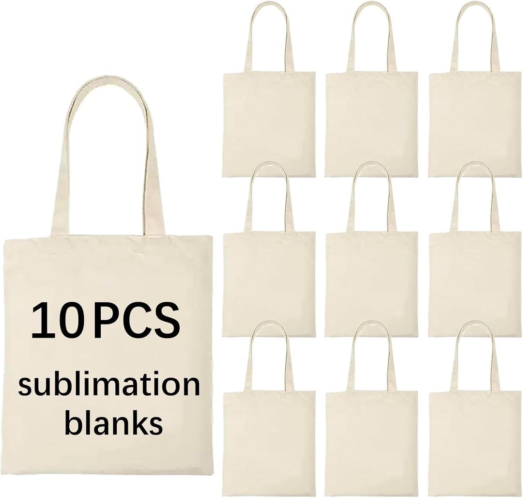 OKBA 10 pcs Sublimation Tote Bags, Polyester Tote Bags for Sublimation, DIY Customization Blank Canvas Tote Bags 12.2 * 14.2 in (Beige)