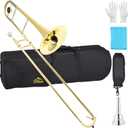 EASTROCK Bb Tenor Slide Trombone Brass Musical Instrument with Hard Case,Mouthpiece,Gloves,Cleaning Cloth for Professional Player Beginners Students, Large Bell(9.25"/235 mm),GOLD