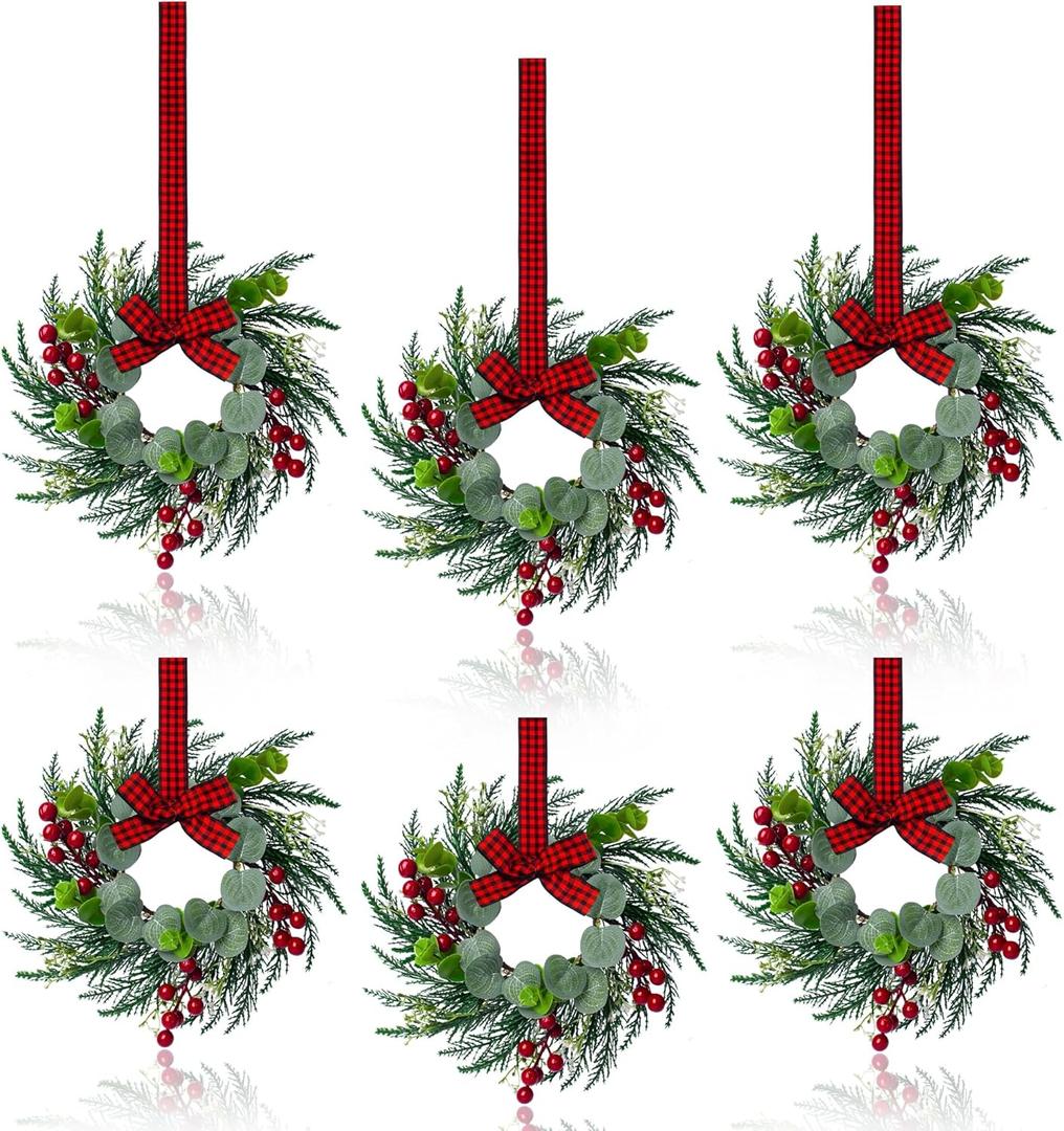 6Pcs Christmas Wreath, 10 Inch Mini Wreaths for Kitchen Cabinets, Christmas Door Wreath, Small Christmas Wreath for Fireplace Window Farmhouse Indoor Home Decorations
