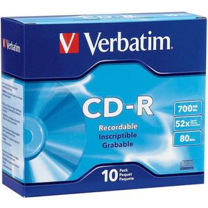 Verbatim Cd-R Recordable Disc, 700 Mb/80 Min, 52x, Slim Jewel Case, Silver, 10/Pack