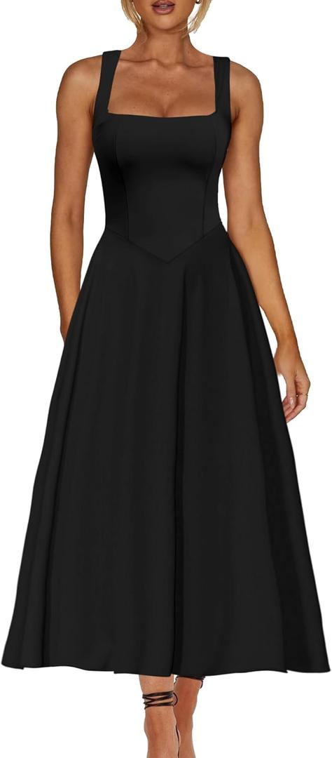 Kaximil Women's Square Neck Sleeveless A Line Maxi Dress Smocked Ruffle Flowy Casual Long Dresses (Large)