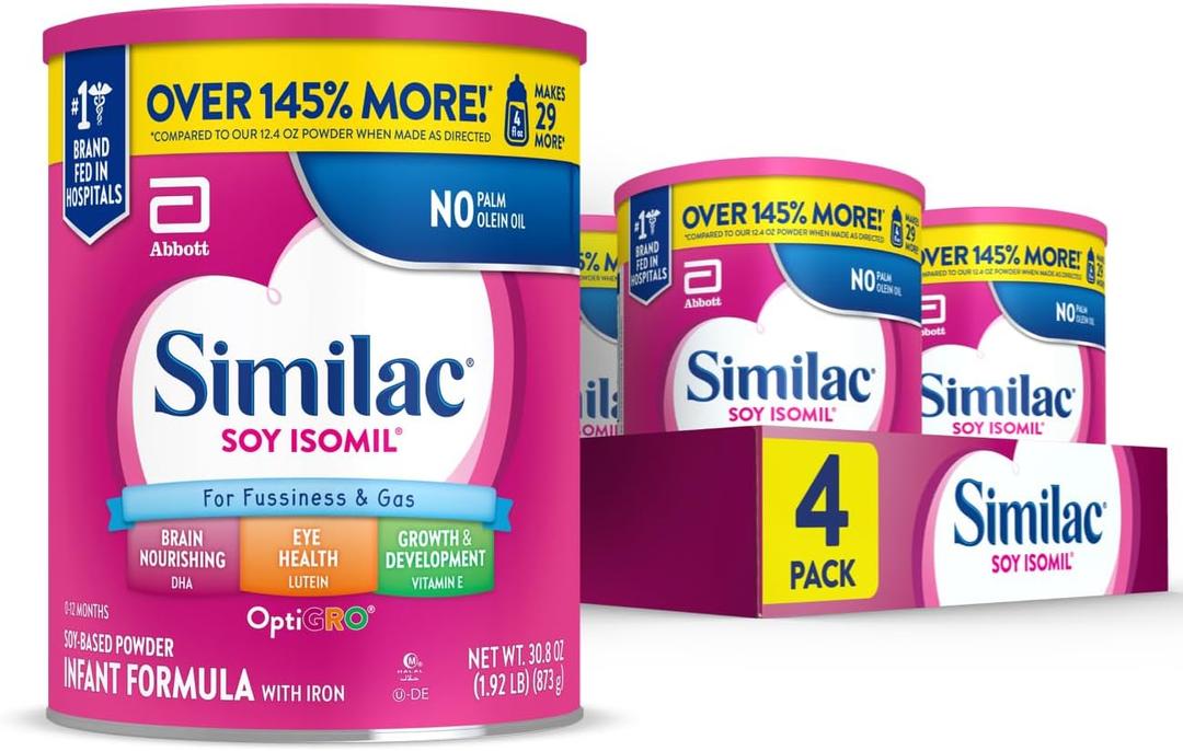 Similac Soy Isomil Infant Formula, for Fussiness & Gas, Plant-Based Protein, Infant Formula Powder, 30.8-oz Value Can, Pack of 4 (EXP 06/01/27)