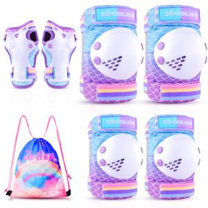 Knee Pads for Kids, ZOOBLISS Toddler Knee and Elbow Pads Set Wrist Guards for Girls Aged 3-12, Kids Protective Gear for Roller Skates Skateboard Bike Scooter, Included Drawstring Bag (Mermaid Cyan)