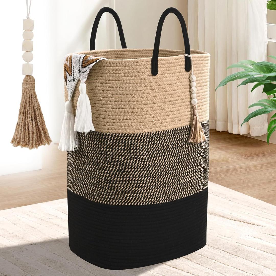 Laundry Hamper Basket, Woven Tall Clothes Hamper for Storage Blanket, Toys and Dirty Cothes in Bedroom and Living Room Organizer, Brown & Black