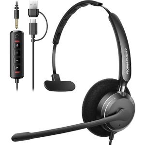USB Headset with Microphone for PC, Computer Headset with Microphone Noise Canceling Mic for Laptop Call Center Wired Headset with Mic for Work Zoom Skype Teams from Office Home (Black) (Single Ear)