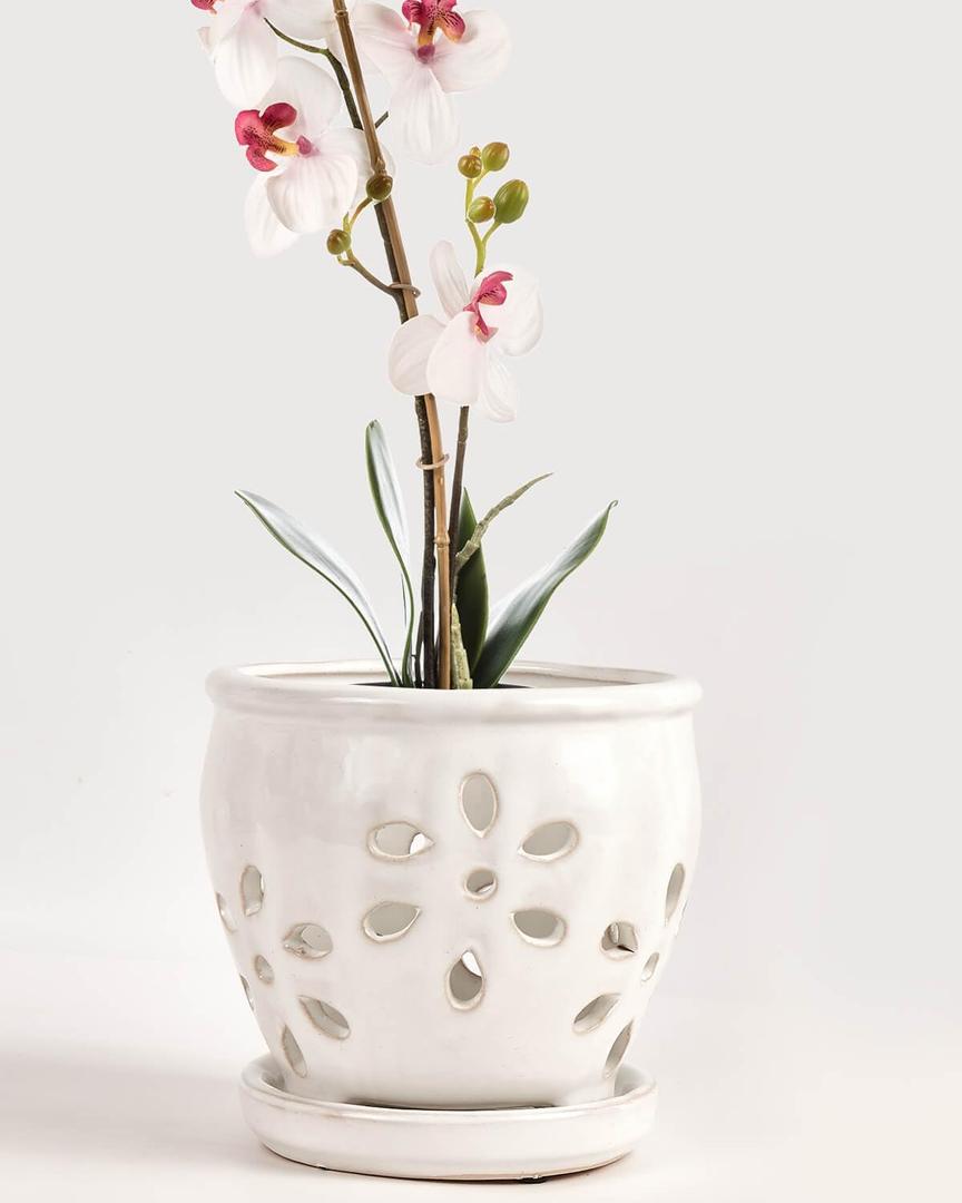 vensovo 5 Inch Ceramic Orchid Pots with Holes and Saucers - 1 Pcs Small Succulent Pot for Repotting, Garden Flowerpots for Plants Indoor and Outdoor Promotes Air Circulation, White
