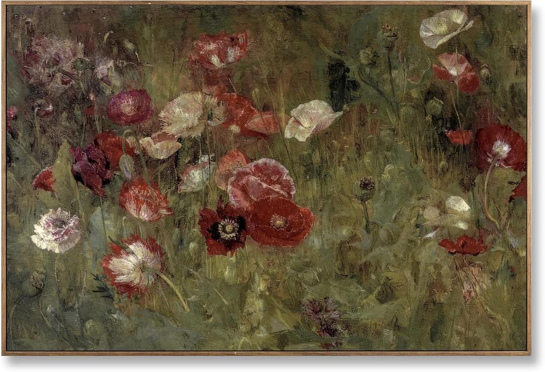 Vintage Poppy Floral Framed Canvas Wall Art, Classical Botanical Oil Painting Style Still Life Print, Natural Wood Frame Retro Farmhouse Wall Decor for Bedroom Office Living Room,36”L x 24”W