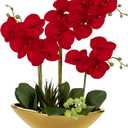 Briful Orchid Artificial Flowers 17in Red Fake Orchid Silk Flowers in Gold Ceramic Vase Faux Phalaenopsis Arrangement for Home Office Room Dining Table Centerpiece Modern Decor