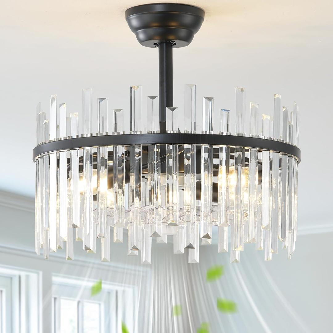 20" Black Crystal Fandelier Ceiling Fans with Lights, Crystal Chandelier Ceiling Fans with Lights Remote Control, Caged Modern with 6 Speeds for Bedroom, Living Room, Nursery