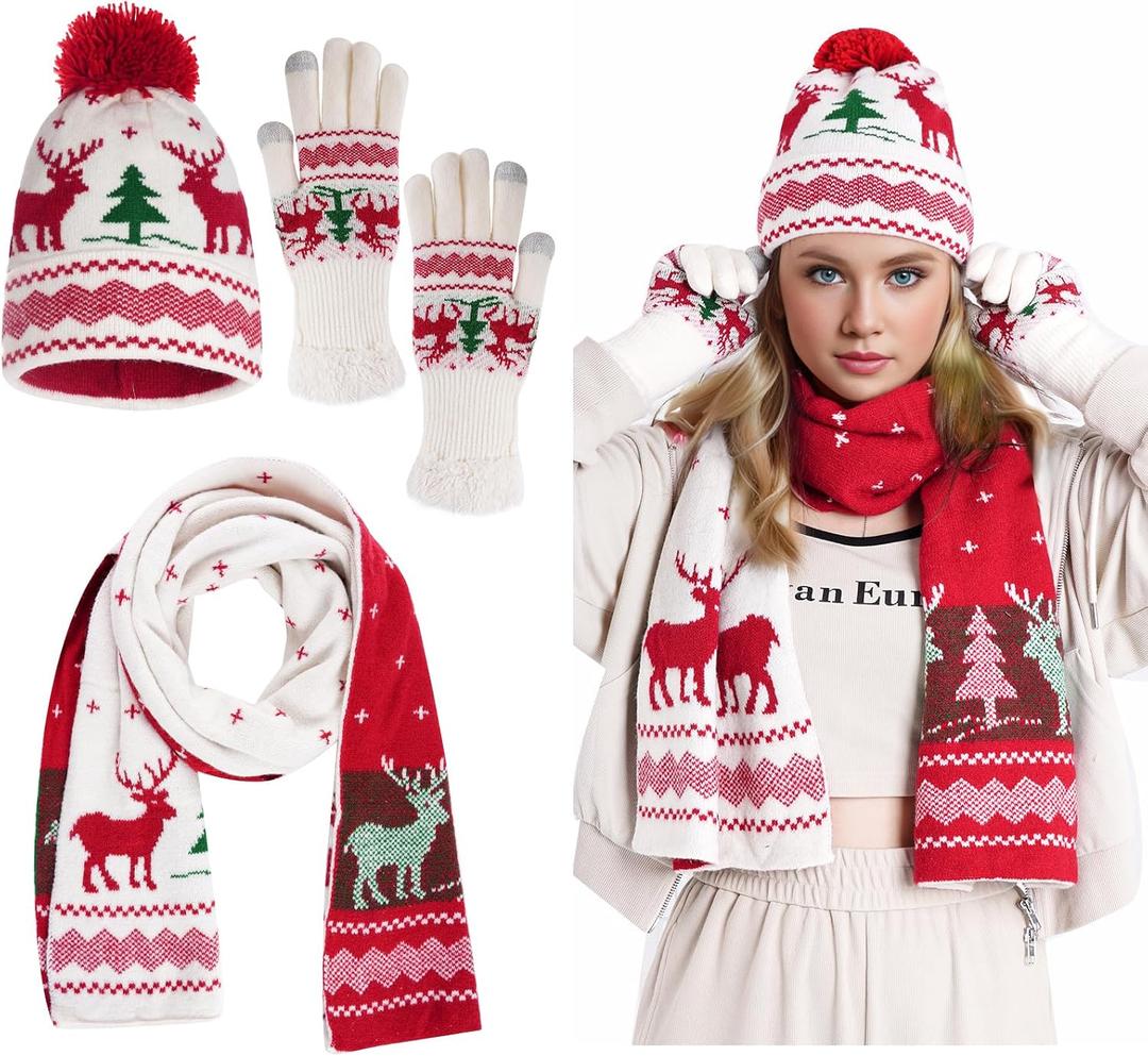 hoyuwak Knitted Hat Scarf Glove Set for Women, Pom Pom Beanie Warm Gloves Winter Scarf Winter Set for Christmas Cold Weather, White, Red