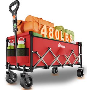 Extra Long Collapsible Wagon Cart, 480LBS Heavy Duty Utility Wagons with All-Terrain Wheels, Foldable Grocery Carts for Gardening, Shopping, Beach, Camping, Red