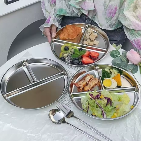 4pcs 304 Stainless Steel Kids Plates，9"NonToxic Circular Portion Control Plate，Suitable For Children To Use,Portion Plates For Weight Loss Adults，Reusable, NonToxic, Anti Drop, And Dishwasher Safe