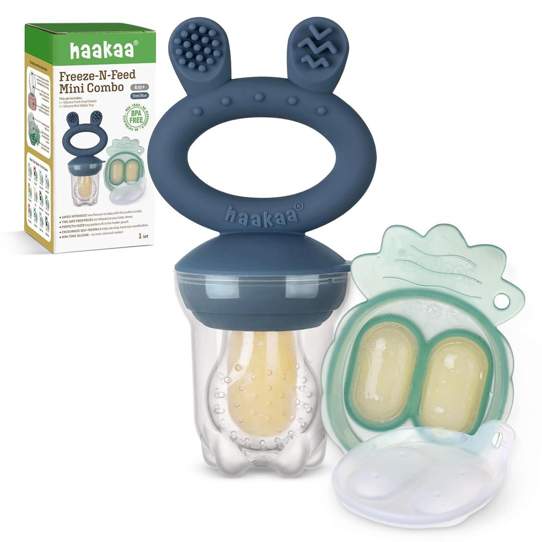 Haakaa Baby Fruit Food Feeder & Mini Freezer Nibble Tray Combo, Breastmilk Popsicle Molds for Baby Cooling Relief, BPA Free Silicone Feeder for Safe Infant Self Feeding, 4 Month+ (Steel Blue)