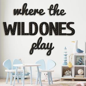 Beeveer Where the Wild Ones Play Nursery Sign Wooden Playroom Wall Decor Playroom Decoration Word Play Room Sign for Wall Plaques 11 Pcs(40 Inch,Black)