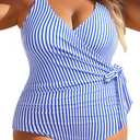 Yonique Plus Size One Piece Swimsuits for Women Tummy Control Bathing Suits Full Coverage Swimwear Blue Stripe 18W