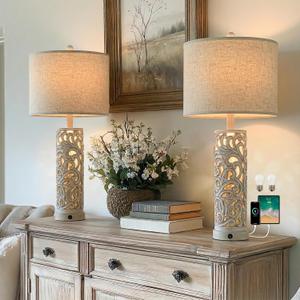 OYEARS 2-in-1 Light Table Lamp Set of 2 for Living Room, 28.5" Farmhouse Bedside Lamps with USB Charging Port, Main&Night Light & Dual Switches, Nightstand Lamp for Bedroom Home Office(Bulb Included)
