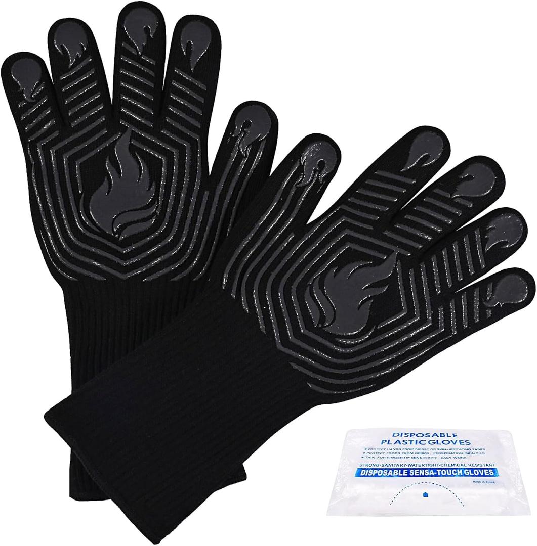 BBQ Gloves, 1472F Heat Resistant Gloves Fireproof Mitts, Grilling Gloves Silicone Non-Slip Washable Oven Glove, Kitchen Glove for Barbecue, Grilling, Cooking, Baking, Camping, Smoker (Black)