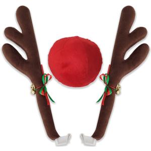 OxGord Reindeer Antlers & Nose - Christmas Decorations for Window Roof-Top & Grille Rudolph Reindeer Kit - Auto Holiday Exterior Accessories Kit Best for Car SUV Van Truck