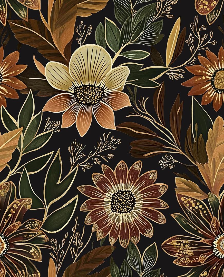 Laatse Boho Wallpaper Peel and Stick Dark Floral Wallpaper for Cabinet Vintage Contact Paper Waterproof Self Adhesive Removable Modern Wall Paper for Bedroom Stair Bathroom 17.5in x118in
