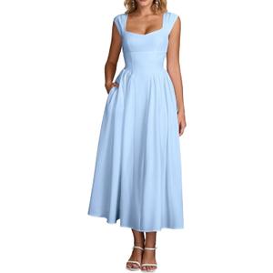 Parthea Summer Corset Midi Dress Square Neck A Line Flowy Sundress Casual Beach Wedding Guest Dresses for Women (Blue, L)