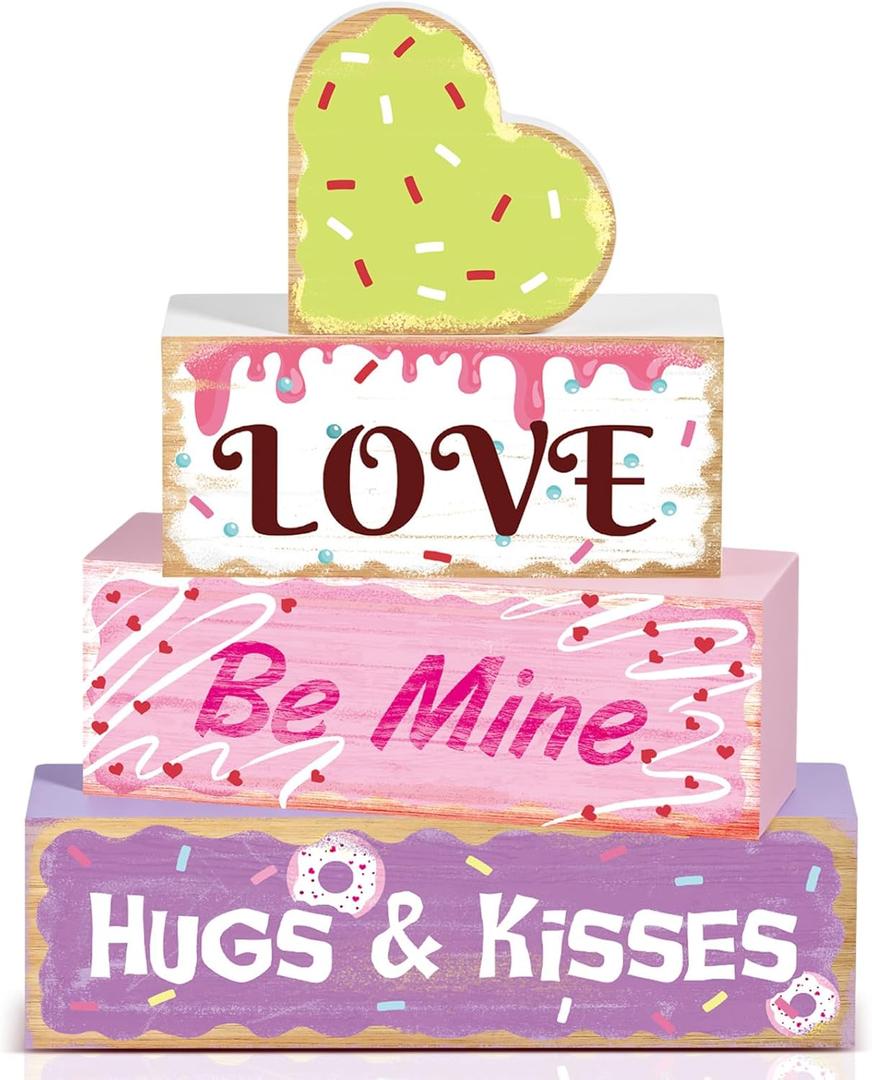 4 Pcs Valentines Day Table Decoration Sweet Candy Valentine Tiered Tray Decor Love Blocks Heart Wooden Sign Valentine Day Centerpieces Decor for Mantel Home Desk Kitchen