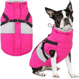 Small Dog Coat with Harness Built in, Warm Dog Jacket Winter with Zipper On Back, Waterproof Pet Snow Jacket Snowsuit Pet Sweater Clothes for Schnauzer, Yorkshire Terrier, Hot Pink Small