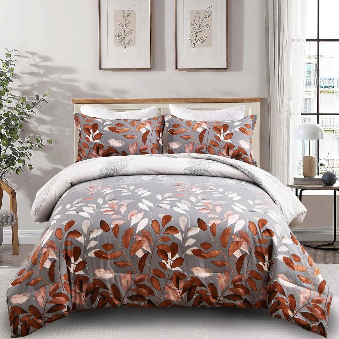 DJY Brown Comforter Set Queen, Botanical Leaves Comforter for Queen Bed 3 Pieces Reversible Floral Bed Comforter Sets Soft Microfiber Bedding Set for All Season (90"x90")