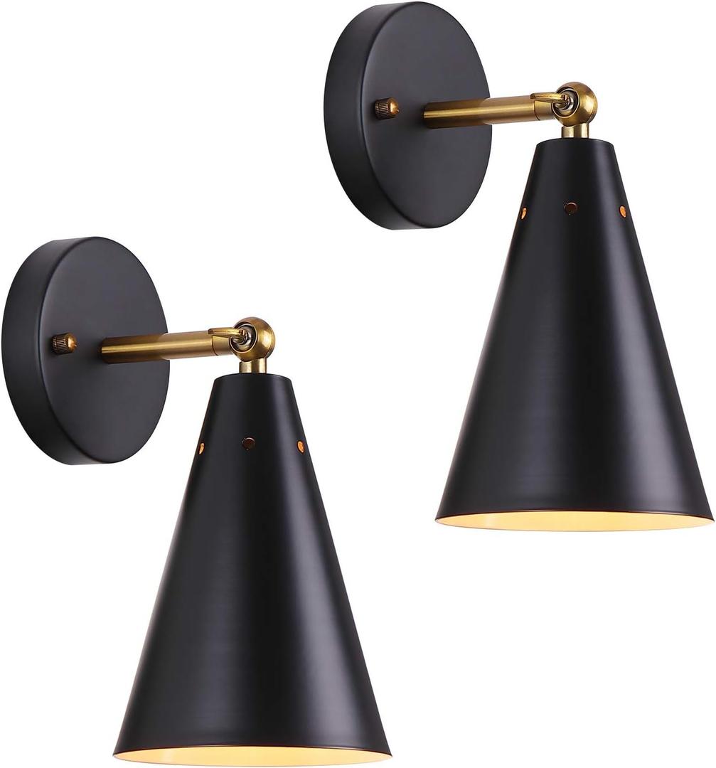MWZ Modern Black Wall Sconces Lighting, 2 Pack Gold Rustic Lamp Fixture Farmhouse Simplicity Bronze Finish Arm Swing Industrial Wall Lights for Bedroom, Living Room, Reading, Kitchen
