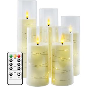 kakoya Flameless LED Candles with Timer 5 Pc Flickering Flameless Candles for Romantic Ambiance and Home Decoration Stable Acrylic Shell, with Embedded Star String Battery Operated Candles, Ivory